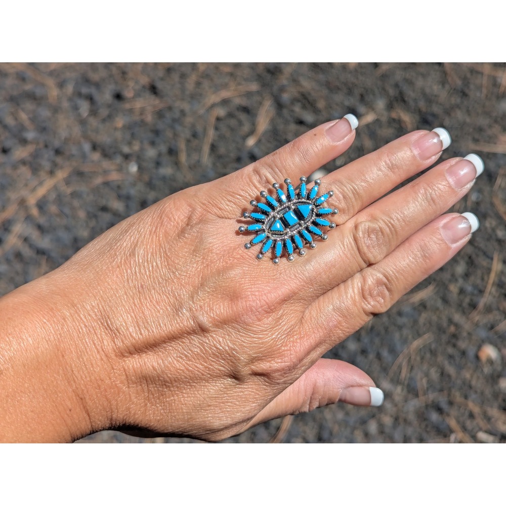 Zuni Ring Turquoise Cluster Pueblo Native American Handmade Jewelry sz 7.5 *** - Picture 7 of 10